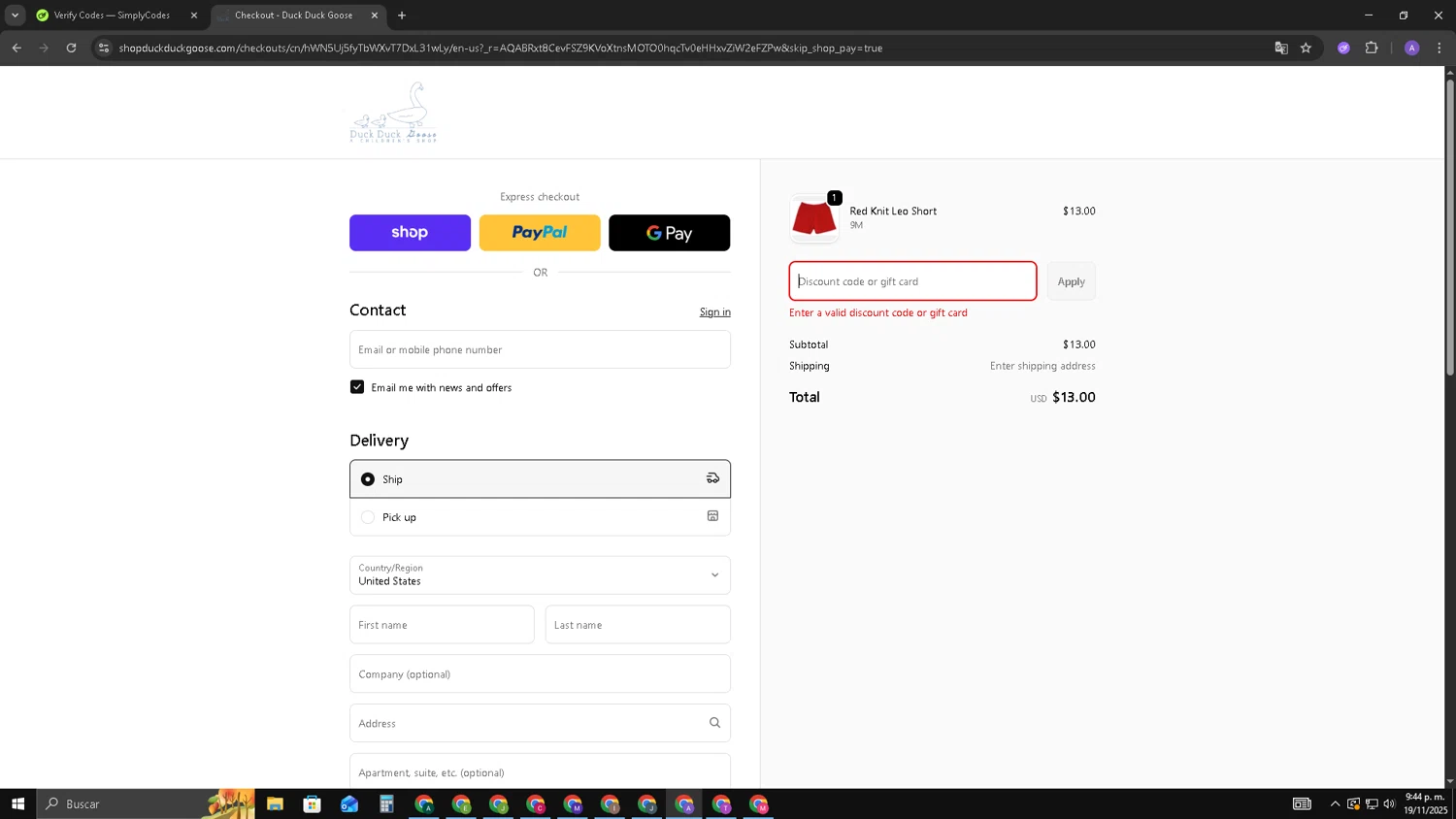 Duck Duck Goose promo code screenshot showing code SNOWDAY applied at Duck Duck Goose checkout page. Uploaded by SimplyCodes community member SAKURA on Nov 20, 2025