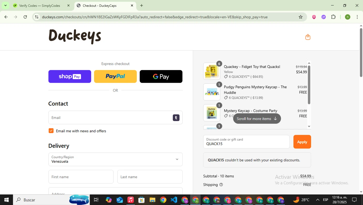 DuckeyCaps promo code screenshot showing code QUACK15 applied at DuckeyCaps checkout page. Uploaded by SimplyCodes community member SwiftSaver6197 on Jul 28, 2025
