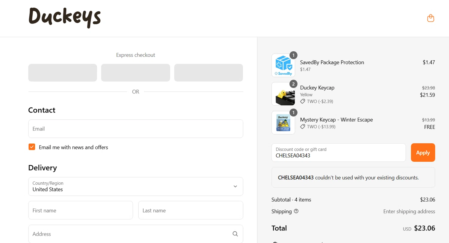 DuckeyCaps promo code screenshot showing code CHELSEA04343 applied at DuckeyCaps checkout page. Uploaded by SimplyCodes community member LieutenantGhost on May 6, 2025