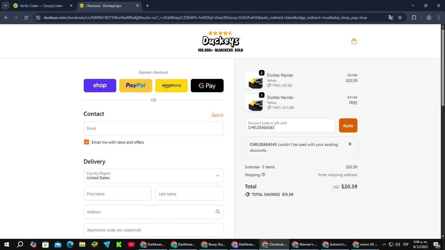 DuckeyCaps promo code screenshot showing code CHELSEA04343 applied at DuckeyCaps checkout page. Uploaded by SimplyCodes community member SmartMaverick5327 on Dec 6, 2025