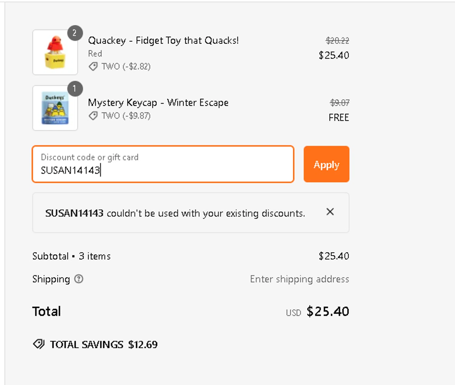 DuckeyCaps promo code screenshot showing code SUSAN14143 applied at DuckeyCaps checkout page. Uploaded by SimplyCodes community member manuelturizo on Jan 12, 2025