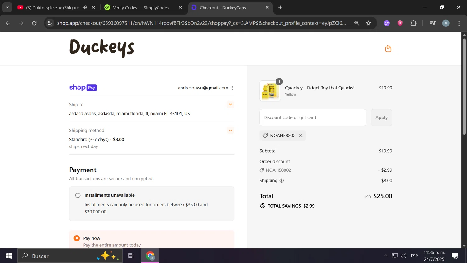 DuckeyCaps promo code screenshot showing code NOAH58802 applied at DuckeyCaps checkout page. Uploaded by SimplyCodes community member Anderson on Jul 25, 2025