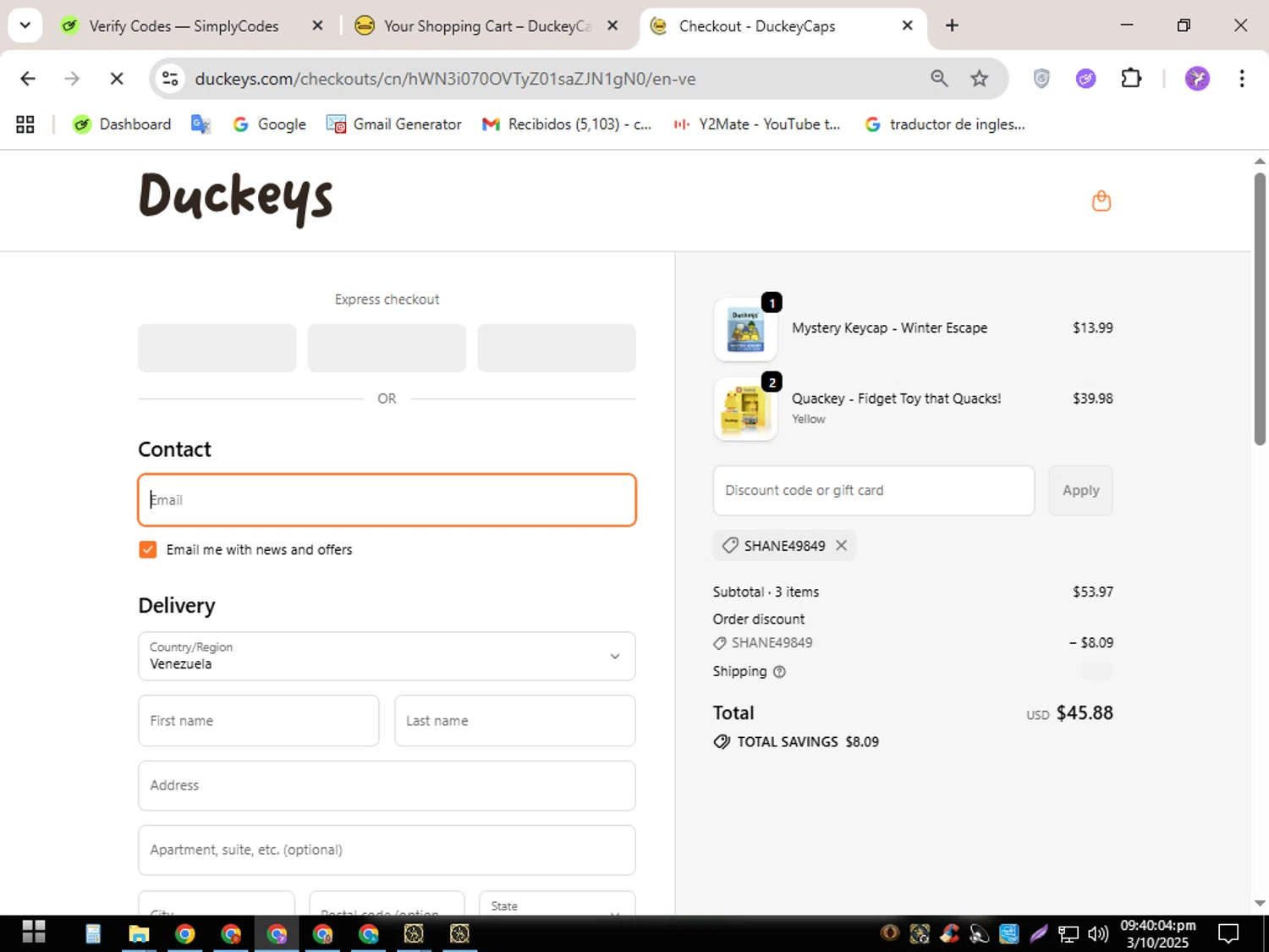 DuckeyCaps promo code screenshot showing code SHANE49849 applied at DuckeyCaps checkout page. Uploaded by SimplyCodes community member CouponSentinel5832 on Oct 4, 2025
