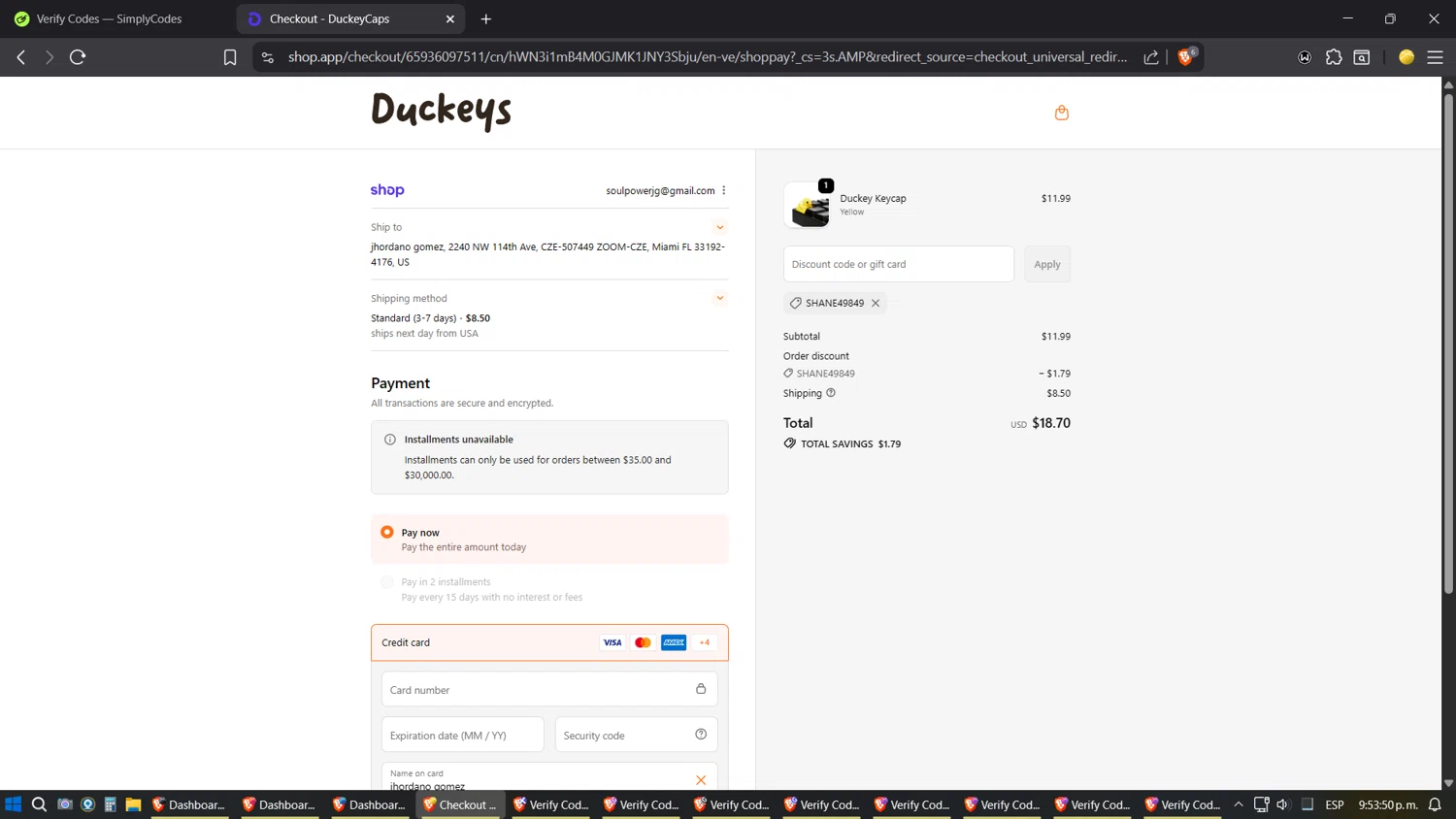 DuckeyCaps promo code screenshot showing code SHANE49849 applied at DuckeyCaps checkout page. Uploaded by SimplyCodes community member ZoilaPerrita on Oct 4, 2025