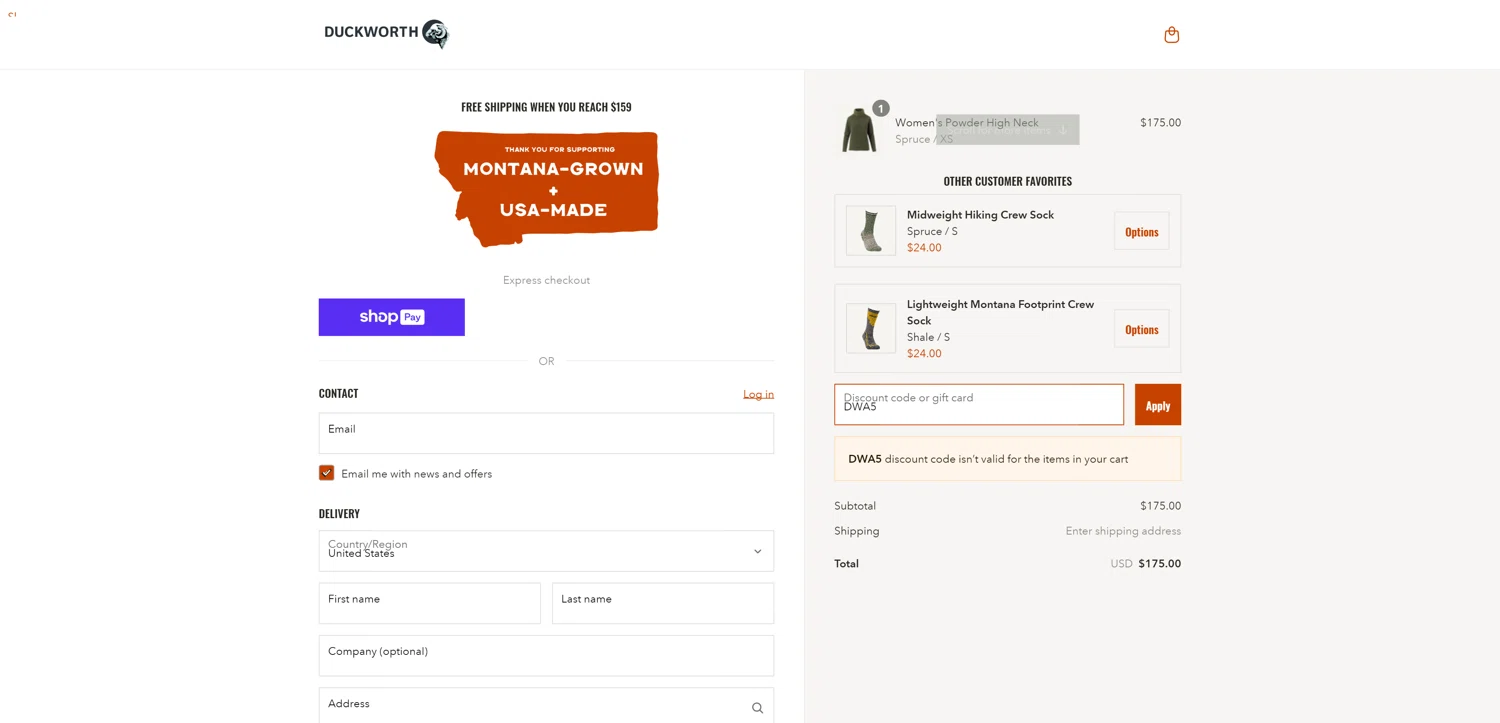 Duckworth promo code screenshot showing code DWA5 applied at Duckworth checkout page. Uploaded by SimplyCodes community member CashSentinel5495 on Apr 17, 2025