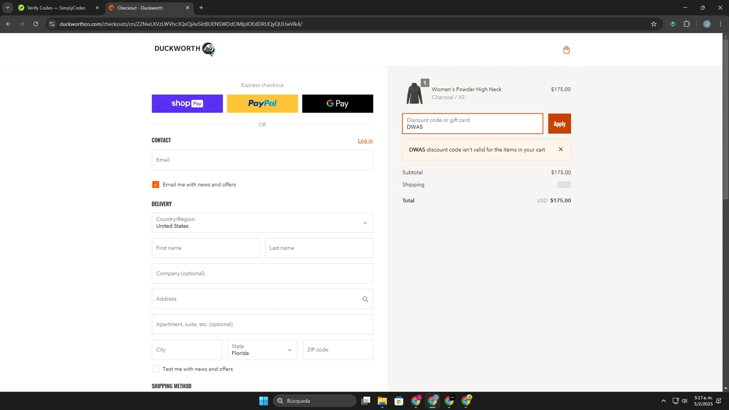 Duckworth promo code screenshot showing code DWA5 applied at Duckworth checkout page. Uploaded by SimplyCodes community member Khaiden on Feb 5, 2025