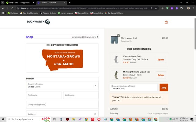 Duckworth checkout page showing Duckworth promo code box | Screenshot taken by SimplyCodes community member on Aug 29, 2025