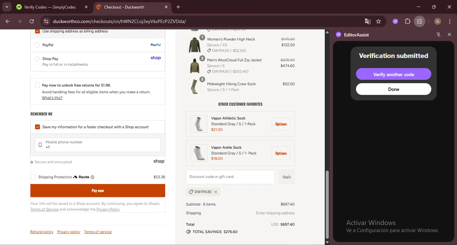 Duckworth promo code screenshot showing code DW1PA30 applied at Duckworth checkout page. Uploaded by SimplyCodes community member GoldRanger7896 on Aug 25, 2025