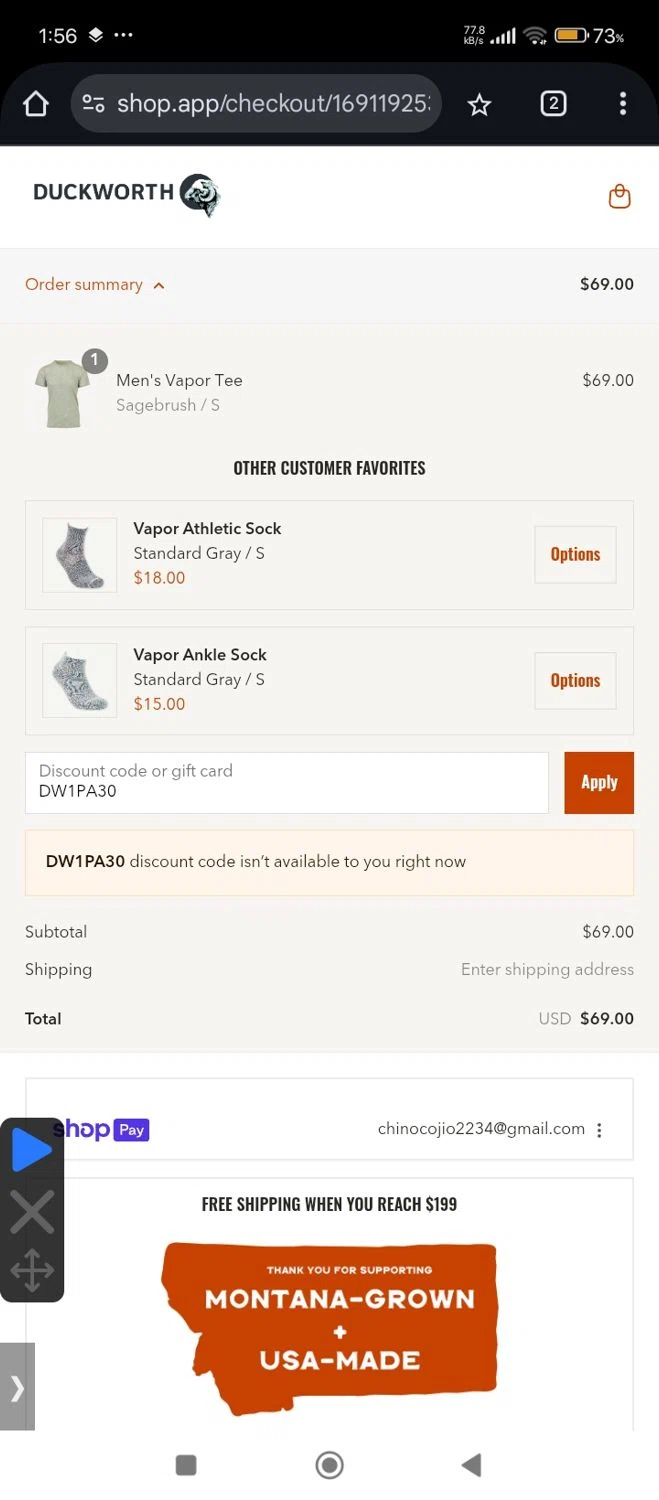 Duckworth promo code screenshot showing code DW1PA30 applied at Duckworth checkout page. Uploaded by SimplyCodes community member RebateShopper5497 on Jul 26, 2025