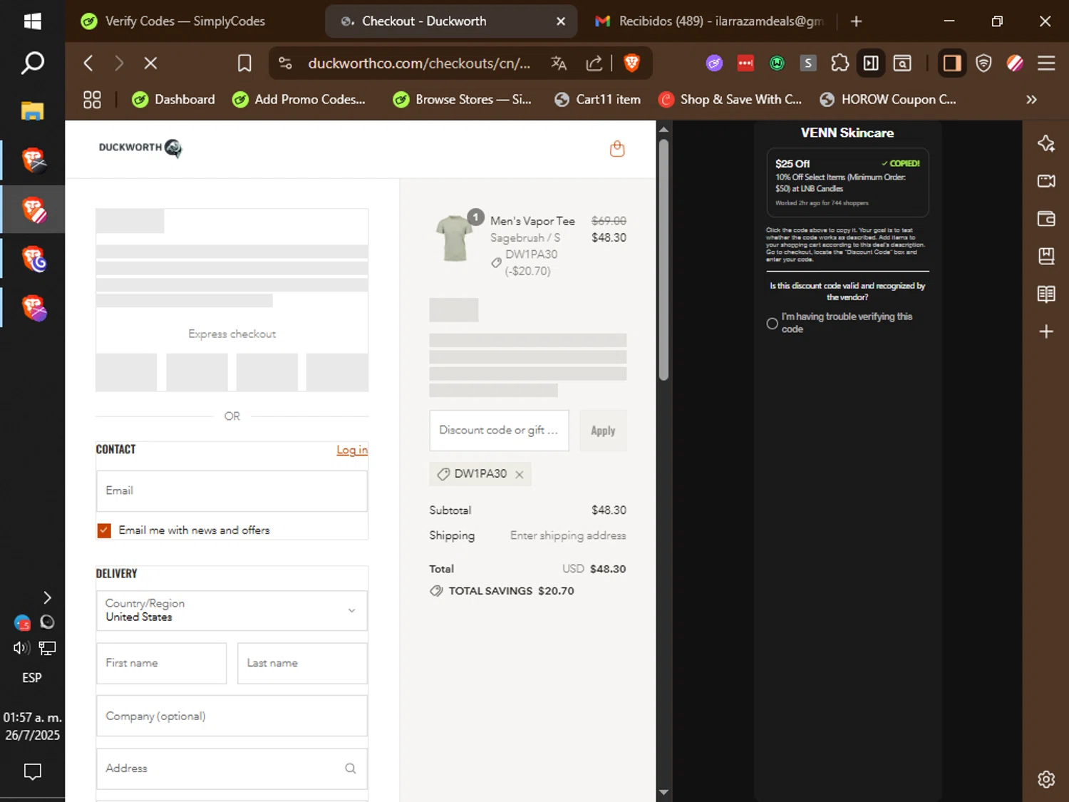 Duckworth promo code screenshot showing code DW1PA30 applied at Duckworth checkout page. Uploaded by SimplyCodes community member ilarrazaM3 on Jul 26, 2025
