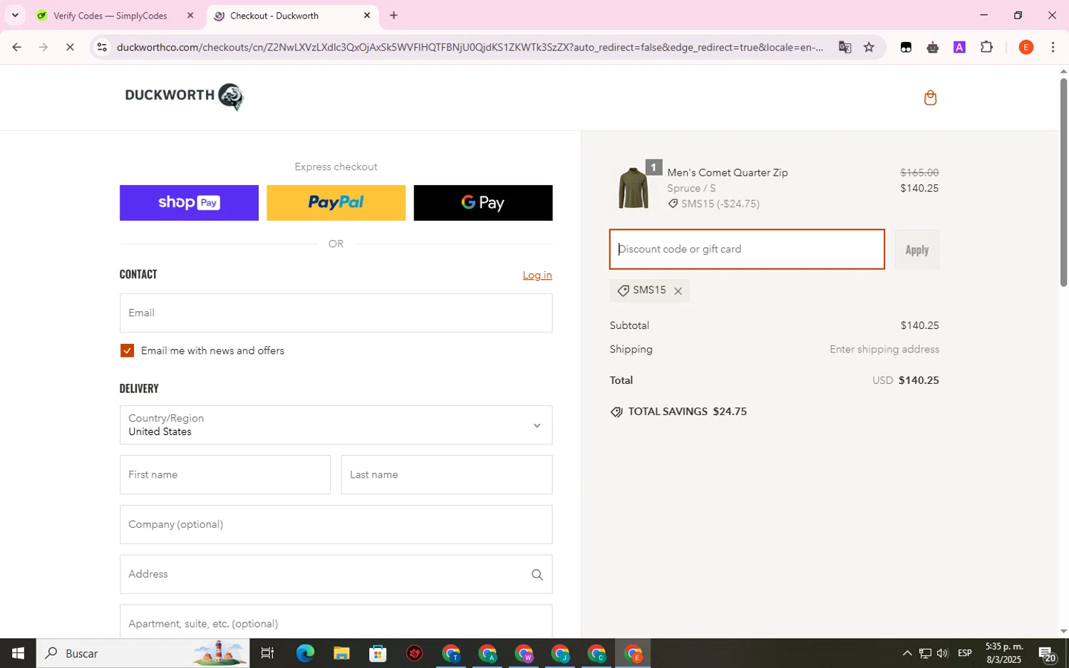 Duckworth promo code screenshot showing code SMS15 applied at Duckworth checkout page. Uploaded by SimplyCodes community member BrilliantSage8401 on Mar 8, 2025