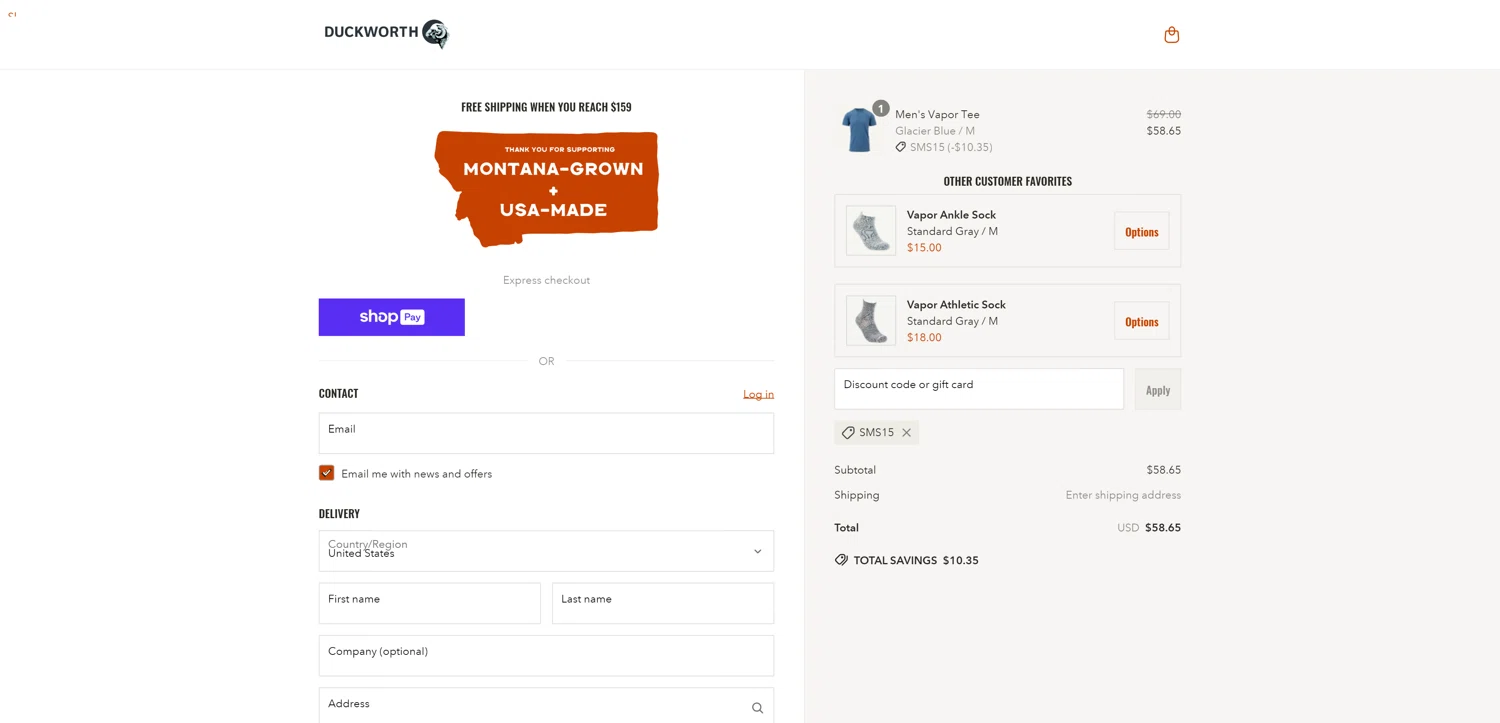 Duckworth promo code screenshot showing code SMS15 applied at Duckworth checkout page. Uploaded by SimplyCodes community member ThriftyPhoenix5129 on Apr 17, 2025