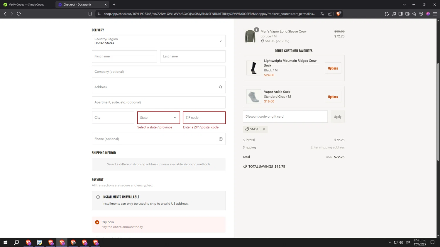 Duckworth promo code screenshot showing code SMS15 applied at Duckworth checkout page. Uploaded by SimplyCodes community member Turbofast on Apr 17, 2025
