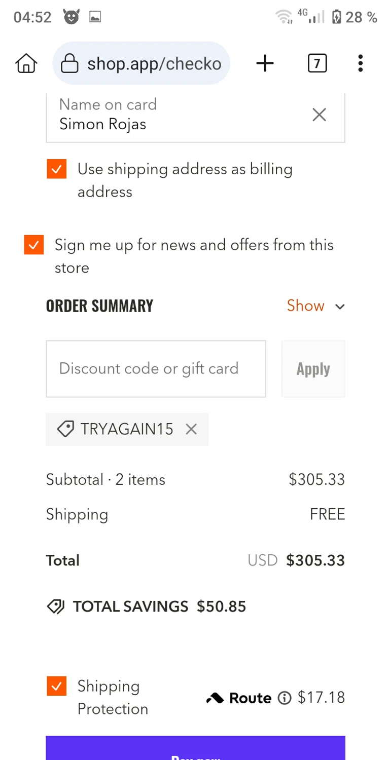 Duckworth promo code screenshot showing code TRYAGAIN15 applied at Duckworth checkout page. Uploaded by SimplyCodes community member Enmanuel17 on Feb 5, 2025