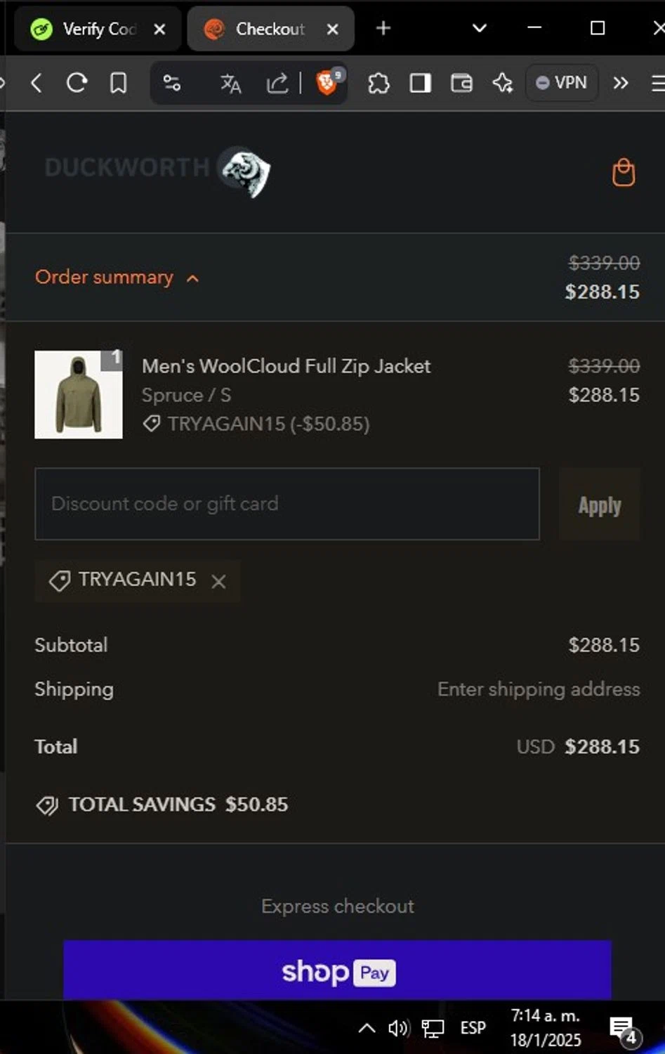 Duckworth promo code screenshot showing code TRYAGAIN15 applied at Duckworth checkout page. Uploaded by SimplyCodes community member Yoseff_3 on Jan 18, 2025
