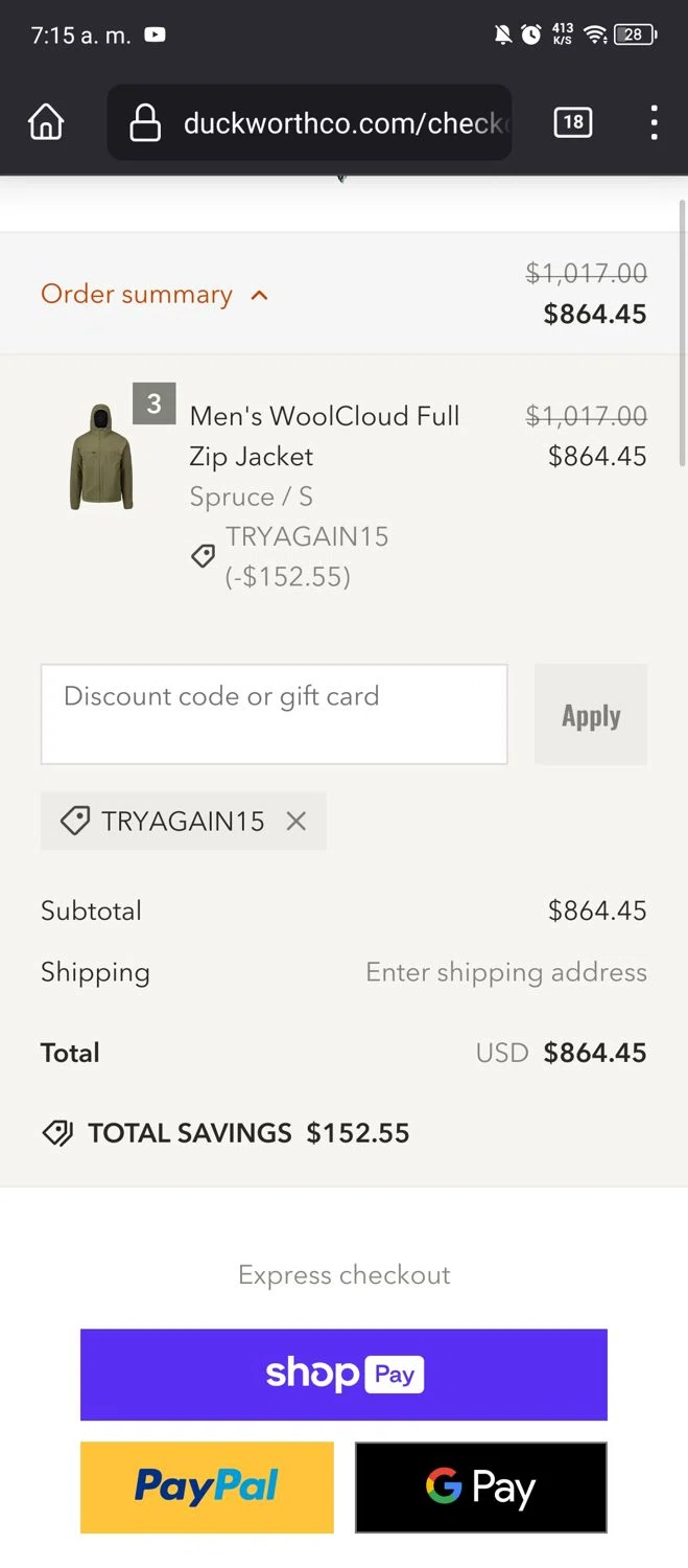 Duckworth promo code screenshot showing code TRYAGAIN15 applied at Duckworth checkout page. Uploaded by SimplyCodes community member CouponSaver3821 on Jan 18, 2025