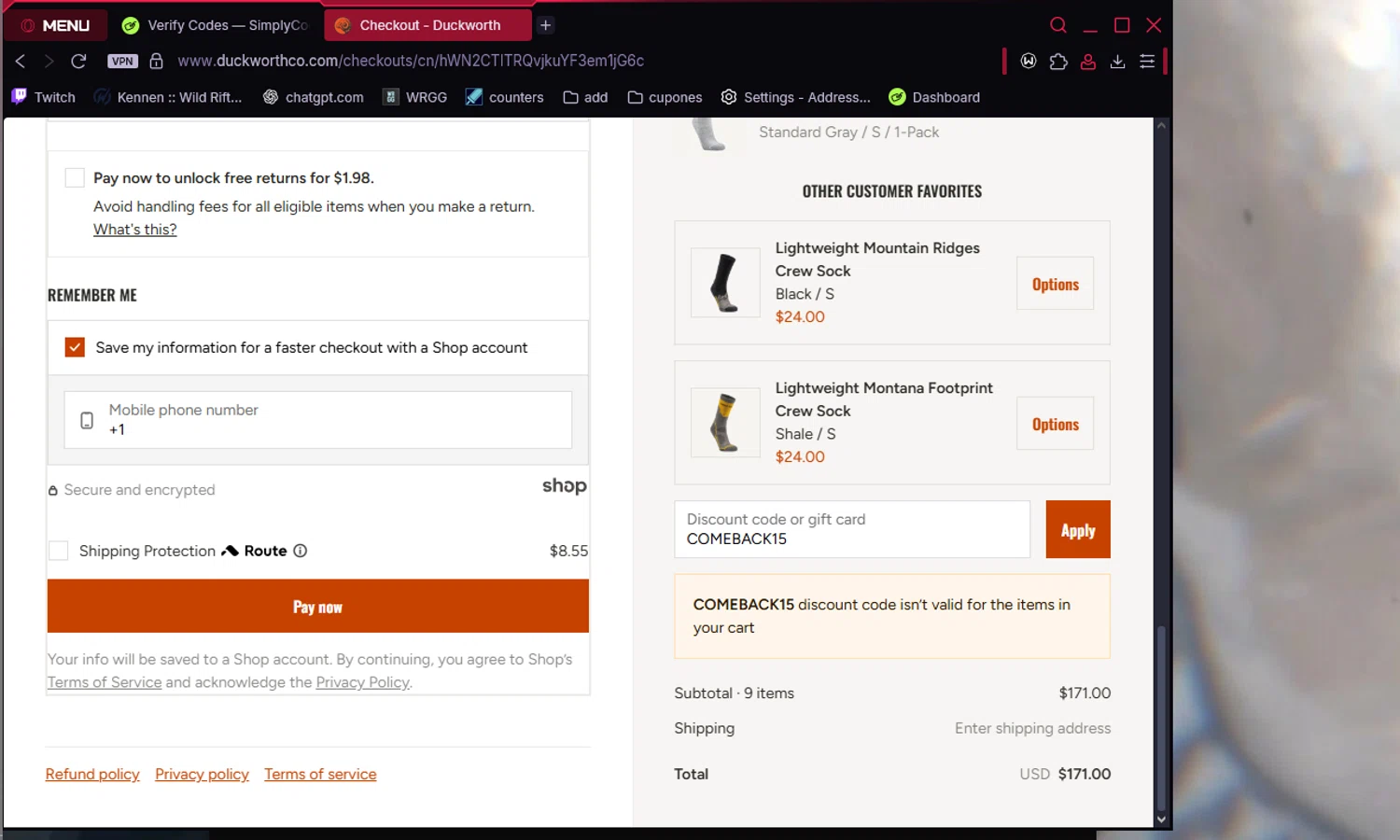 Duckworth promo code screenshot showing code COMEBACK15 applied at Duckworth checkout page. Uploaded by SimplyCodes community member Chukaflu on Aug 25, 2025