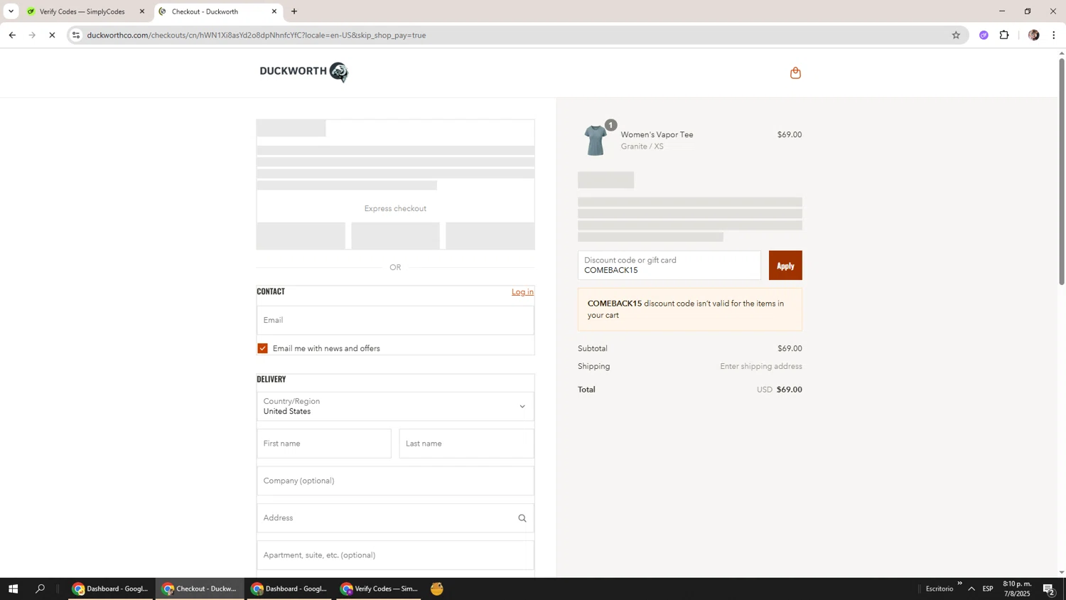Duckworth promo code screenshot showing code COMEBACK15 applied at Duckworth checkout page. Uploaded by SimplyCodes community member Levi_Ackerman on Aug 8, 2025