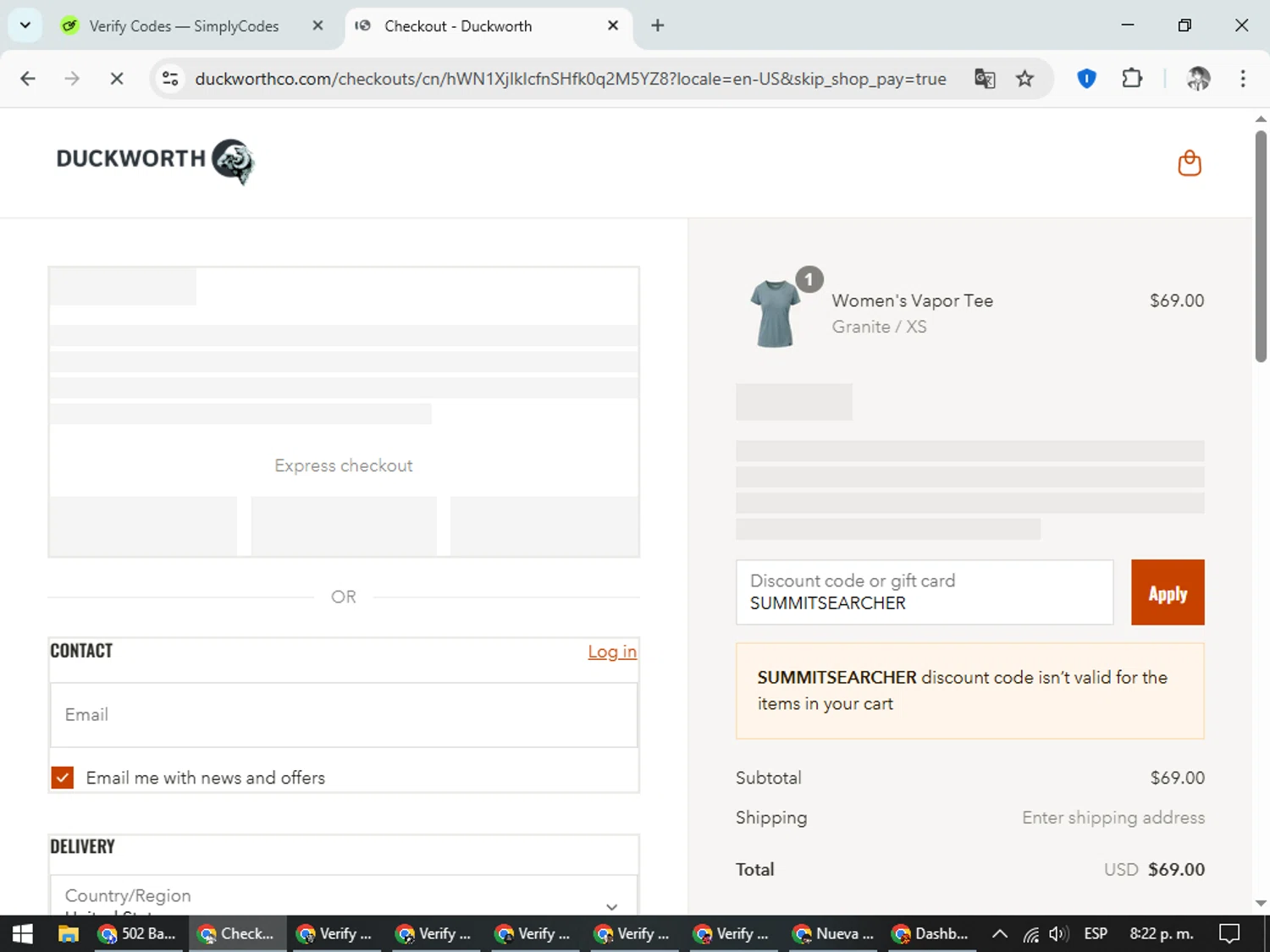 Duckworth promo code screenshot showing code SUMMITSEARCHER applied at Duckworth checkout page. Uploaded by SimplyCodes community member CleverLegend6607 on Aug 8, 2025