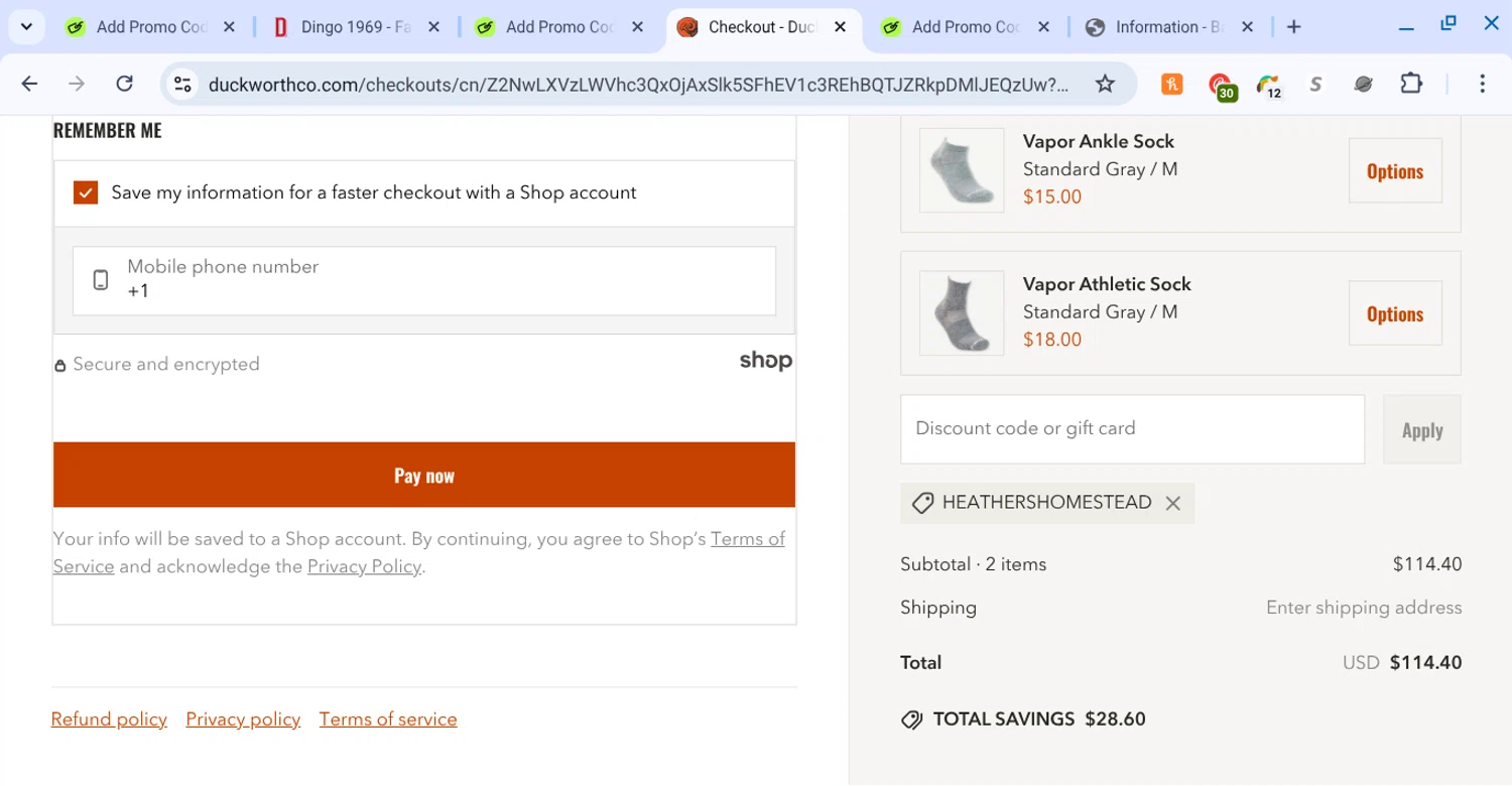 Duckworth promo code screenshot showing code heathershomestead applied at Duckworth checkout page. Uploaded by SimplyCodes community member KarinaHZ on Jun 21, 2025