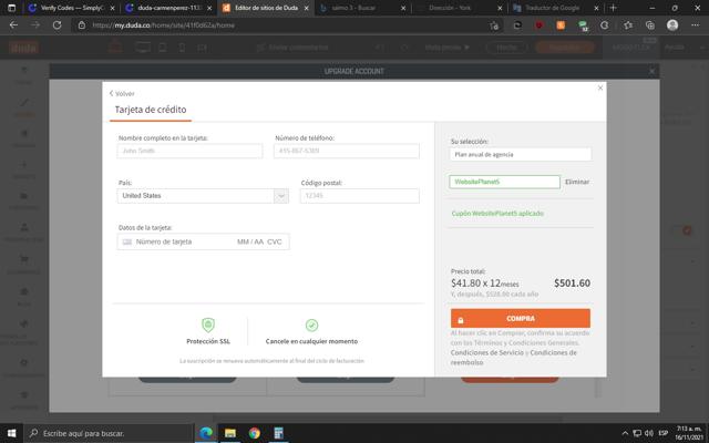 Duda checkout page showing Duda coupon code box | Screenshot taken by SimplyCodes community member on Nov 16, 2021