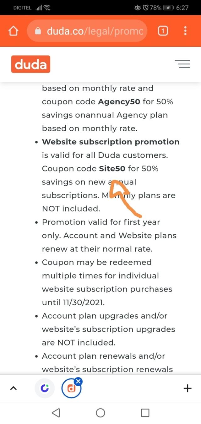 Duda checkout page showing Duda coupon code box | Screenshot taken by SimplyCodes community member on Jan 11, 2022