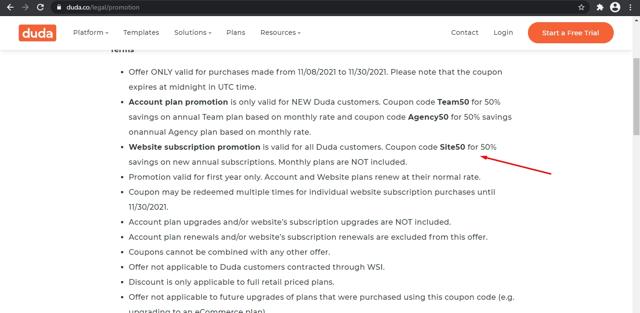 Duda checkout page showing Duda coupon code box | Screenshot taken by SimplyCodes community member on Dec 19, 2021