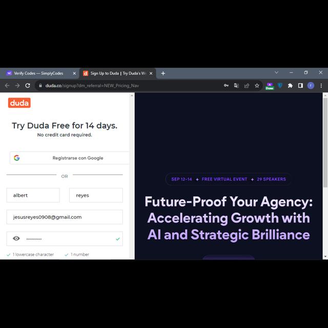 Duda checkout page showing Duda coupon code box | Screenshot taken by SimplyCodes community member on Sep 3, 2023