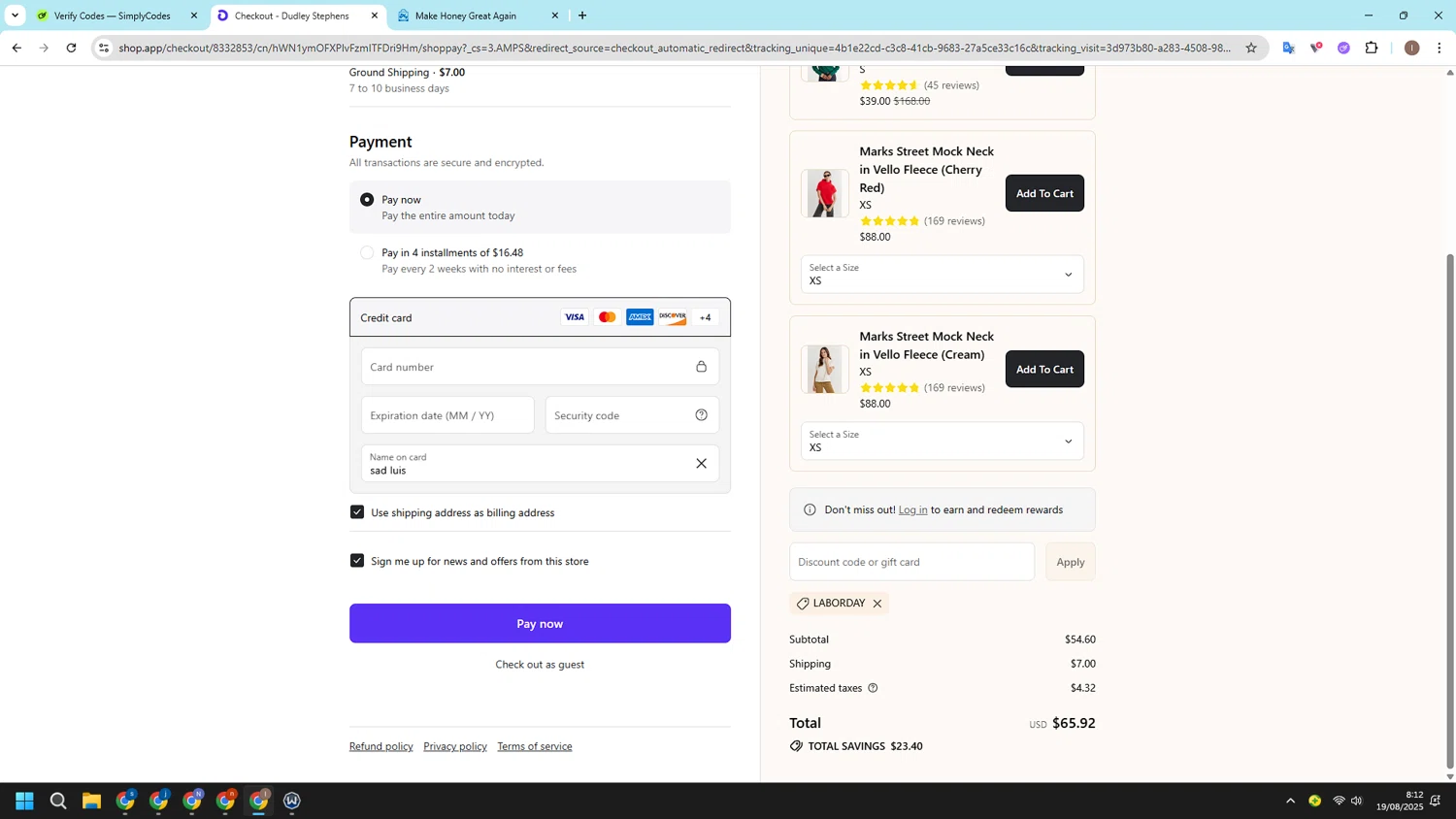 Dudley Stephens coupon code screenshot showing code laborday applied at Dudley Stephens checkout page. Uploaded by SimplyCodes community member CashSleuth106 on Aug 19, 2025