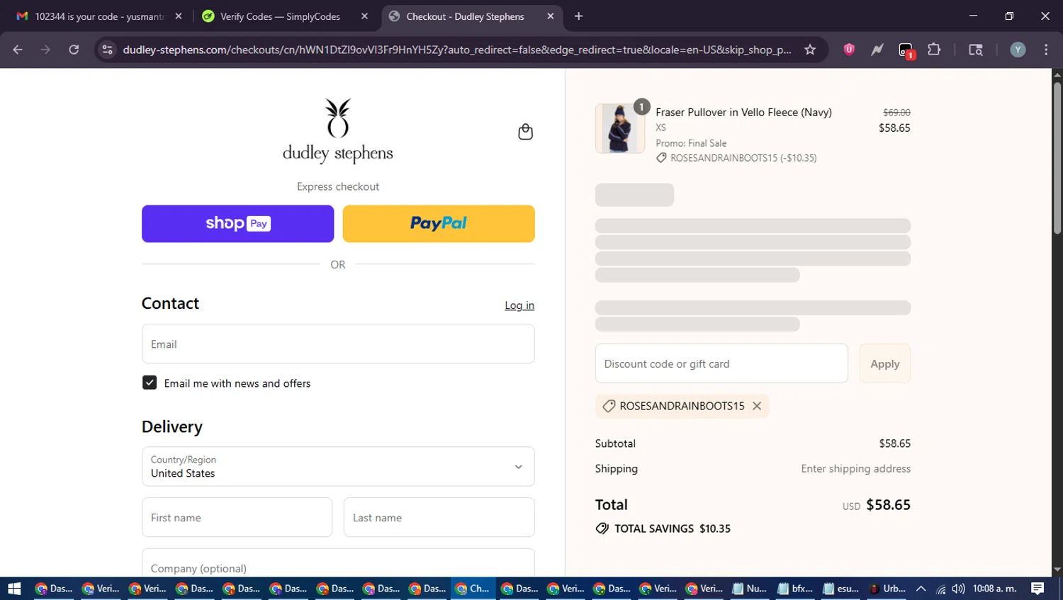 Dudley Stephens coupon code screenshot showing code rosesandrainboots15 applied at Dudley Stephens checkout page. Uploaded by SimplyCodes community member MoneyTiger5162 on Jul 30, 2025
