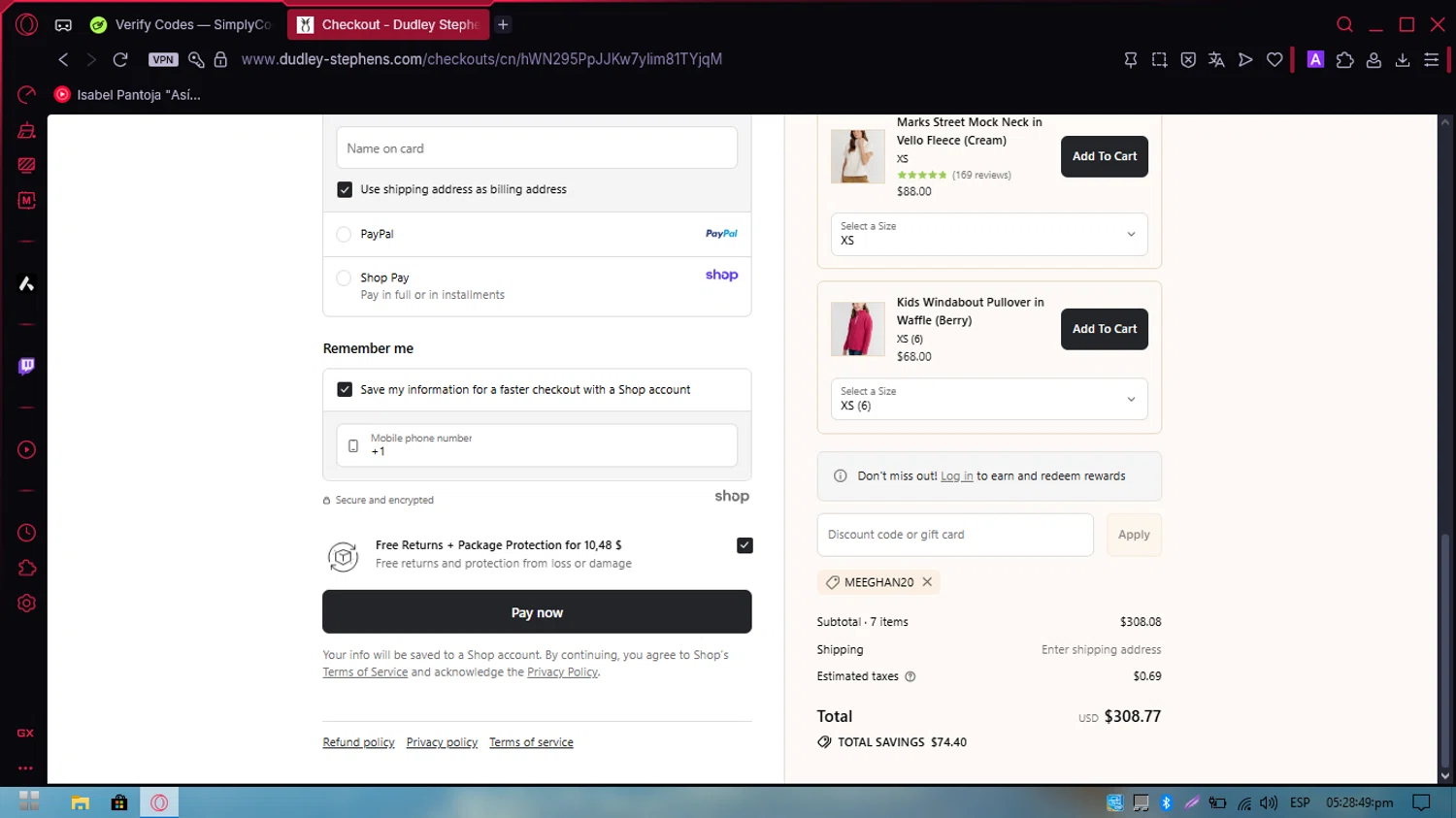 Dudley Stephens coupon code screenshot showing code meeghan20 applied at Dudley Stephens checkout page. Uploaded by SimplyCodes community member PennySpotter2417 on Aug 23, 2025