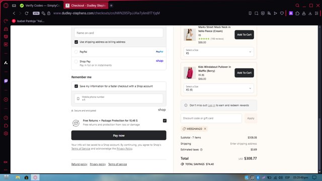 Dudley Stephens checkout page showing Dudley Stephens coupon code box | Screenshot taken by SimplyCodes community member on Aug 23, 2025