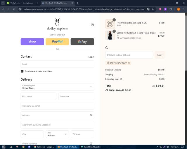 Dudley Stephens checkout page showing Dudley Stephens coupon code box | Screenshot taken by SimplyCodes community member on Sep 7, 2025