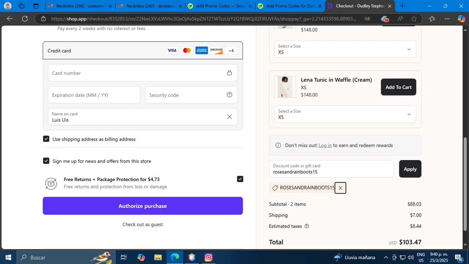 Dudley Stephens coupon code screenshot showing code rosesandrainboots15 applied at Dudley Stephens checkout page. Uploaded by SimplyCodes community member Mdeoca on Mar 26, 2025