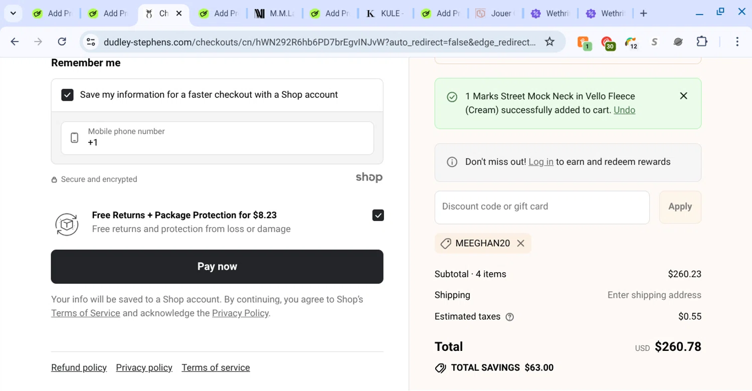 Dudley Stephens coupon code screenshot showing code meeghan20 applied at Dudley Stephens checkout page. Uploaded by SimplyCodes community member KarinaHZ on Aug 23, 2025