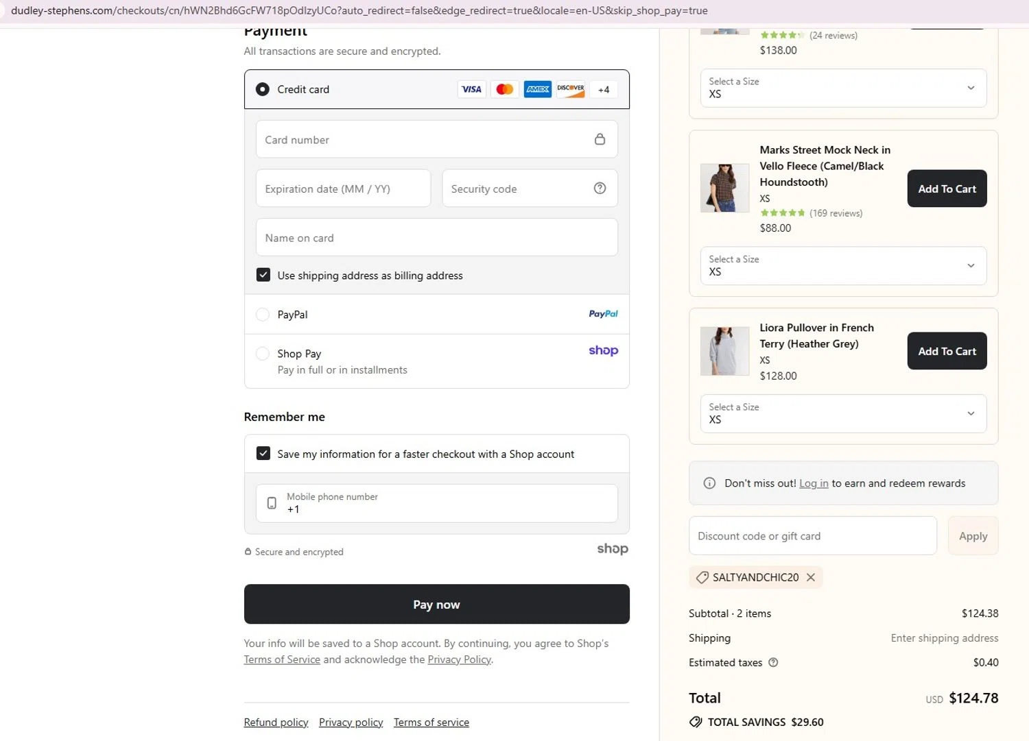 Dudley Stephens coupon code screenshot showing code SALTYANDCHIC20 applied at Dudley Stephens checkout page. Uploaded by SimplyCodes community member angelfigueroa2008 on Aug 25, 2025