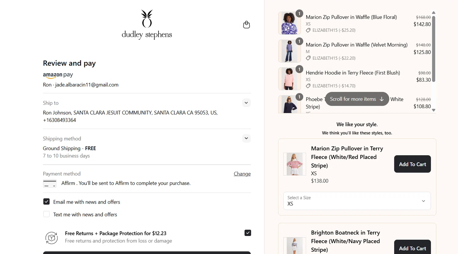 Dudley Stephens coupon code screenshot showing code ELIZABETH15 applied at Dudley Stephens checkout page. Uploaded by SimplyCodes community member jade5416625024720 on Apr 21, 2025