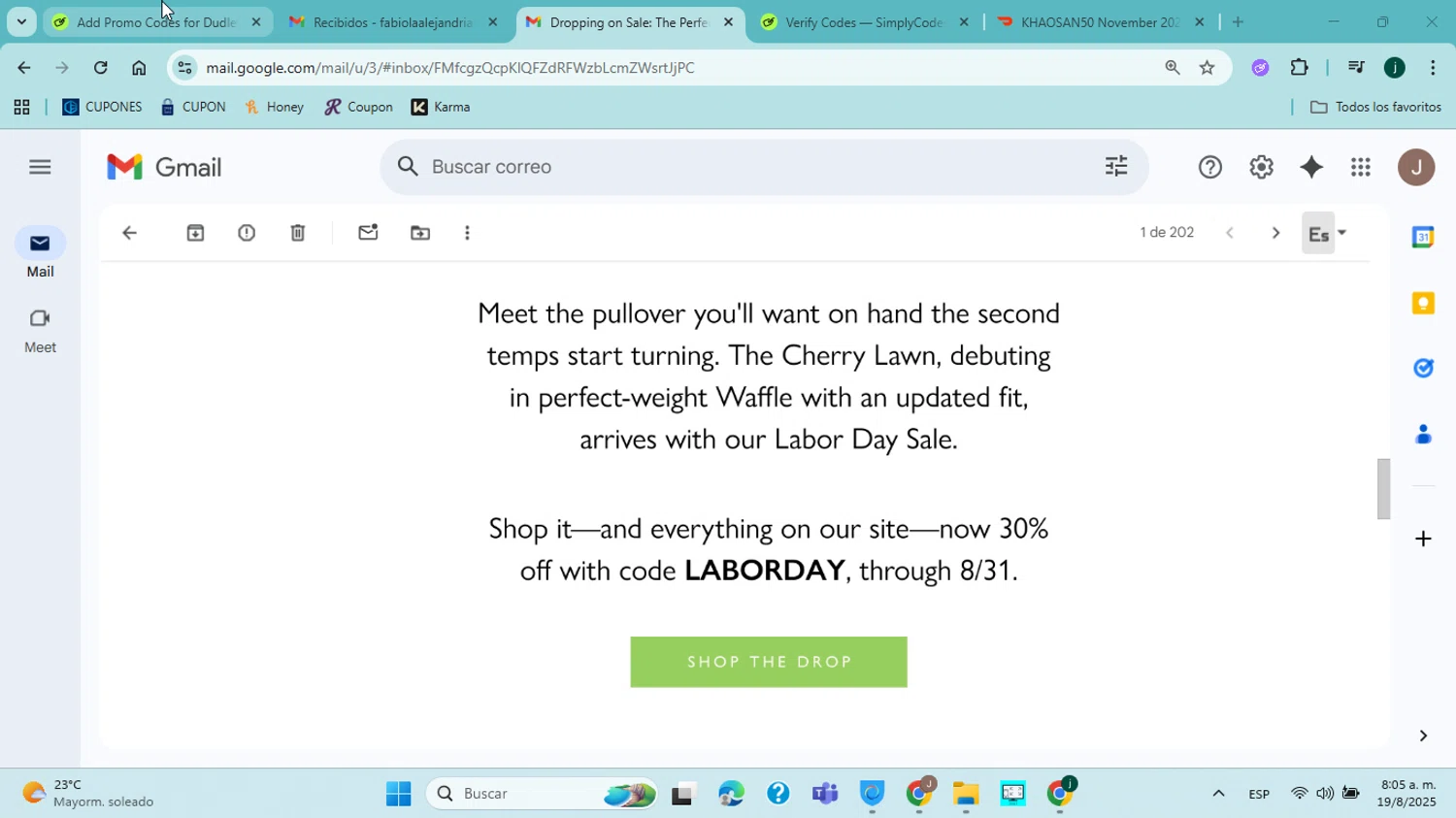 Dudley Stephens coupon code screenshot showing code LABORDAY applied at Dudley Stephens checkout page. Uploaded by SimplyCodes community member jorgejavierherrera on Aug 19, 2025