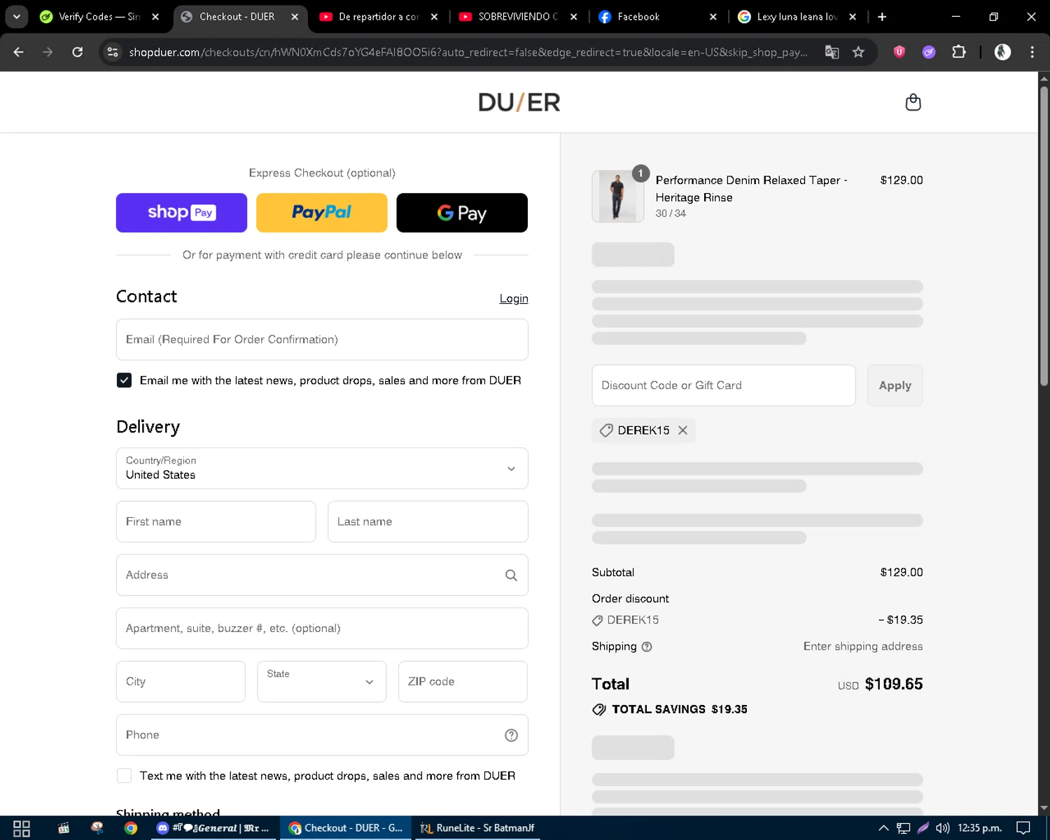 DUER discount code screenshot showing code DEREK15 applied at DUER checkout page. Uploaded by SimplyCodes community member CleverSentinel9441 on Jul 12, 2025