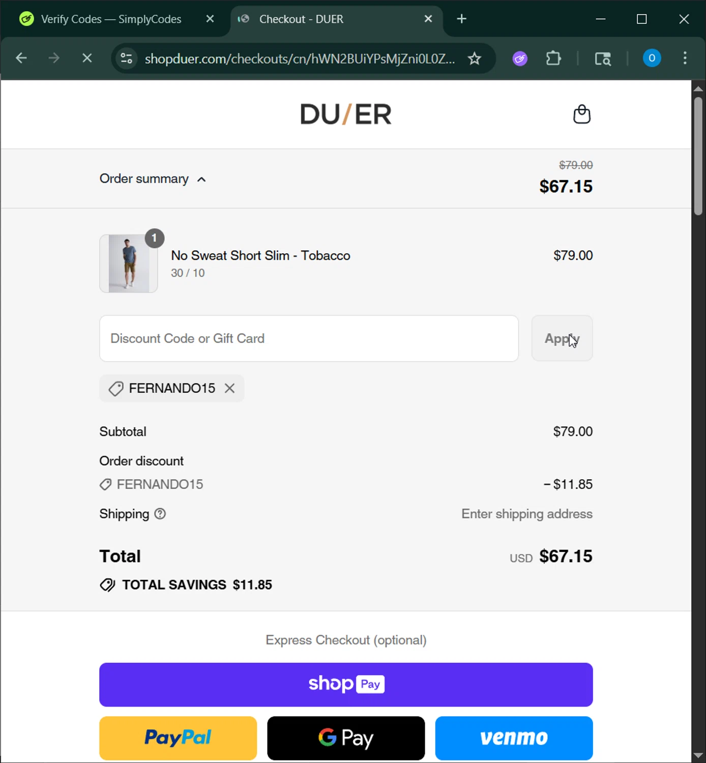 DUER discount code screenshot showing code FERNANDO15 applied at DUER checkout page. Uploaded by SimplyCodes community member GoldChaser6627 on Aug 24, 2025