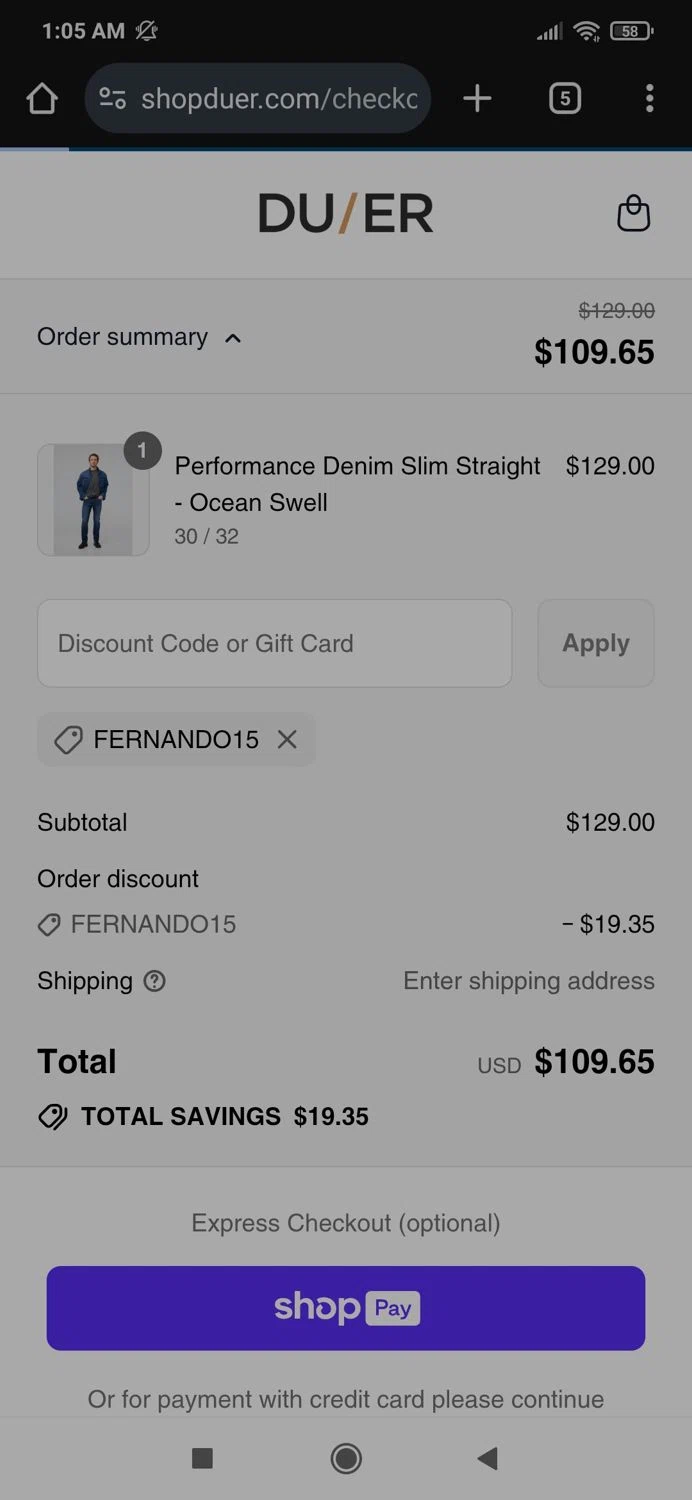 DUER discount code screenshot showing code FERNANDO15 applied at DUER checkout page. Uploaded by SimplyCodes community member milennyzarraga on Jul 23, 2025
