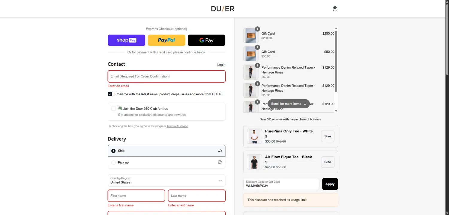 DUER discount code screenshot showing code WLMH58PS3V applied at DUER checkout page. Uploaded by SimplyCodes community member ShieldMaverick9079 on Aug 24, 2025