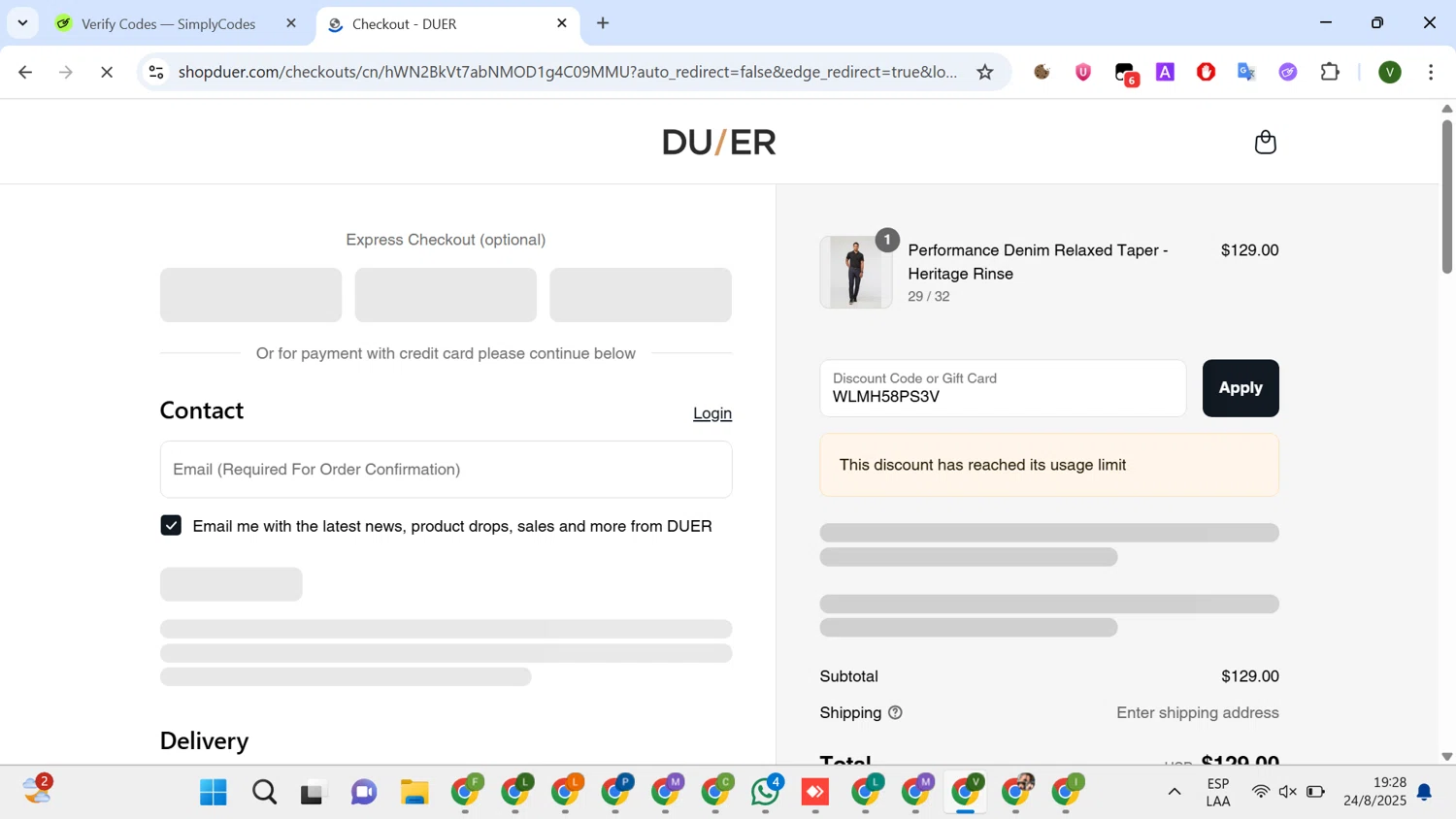 DUER discount code screenshot showing code WLMH58PS3V applied at DUER checkout page. Uploaded by SimplyCodes community member SilverCollector8265 on Aug 25, 2025