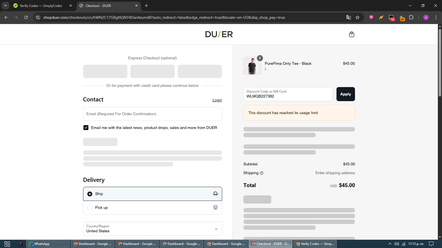 DUER discount code screenshot showing code WLMQB227382 applied at DUER checkout page. Uploaded by SimplyCodes community member CouponScout5403 on Aug 25, 2025