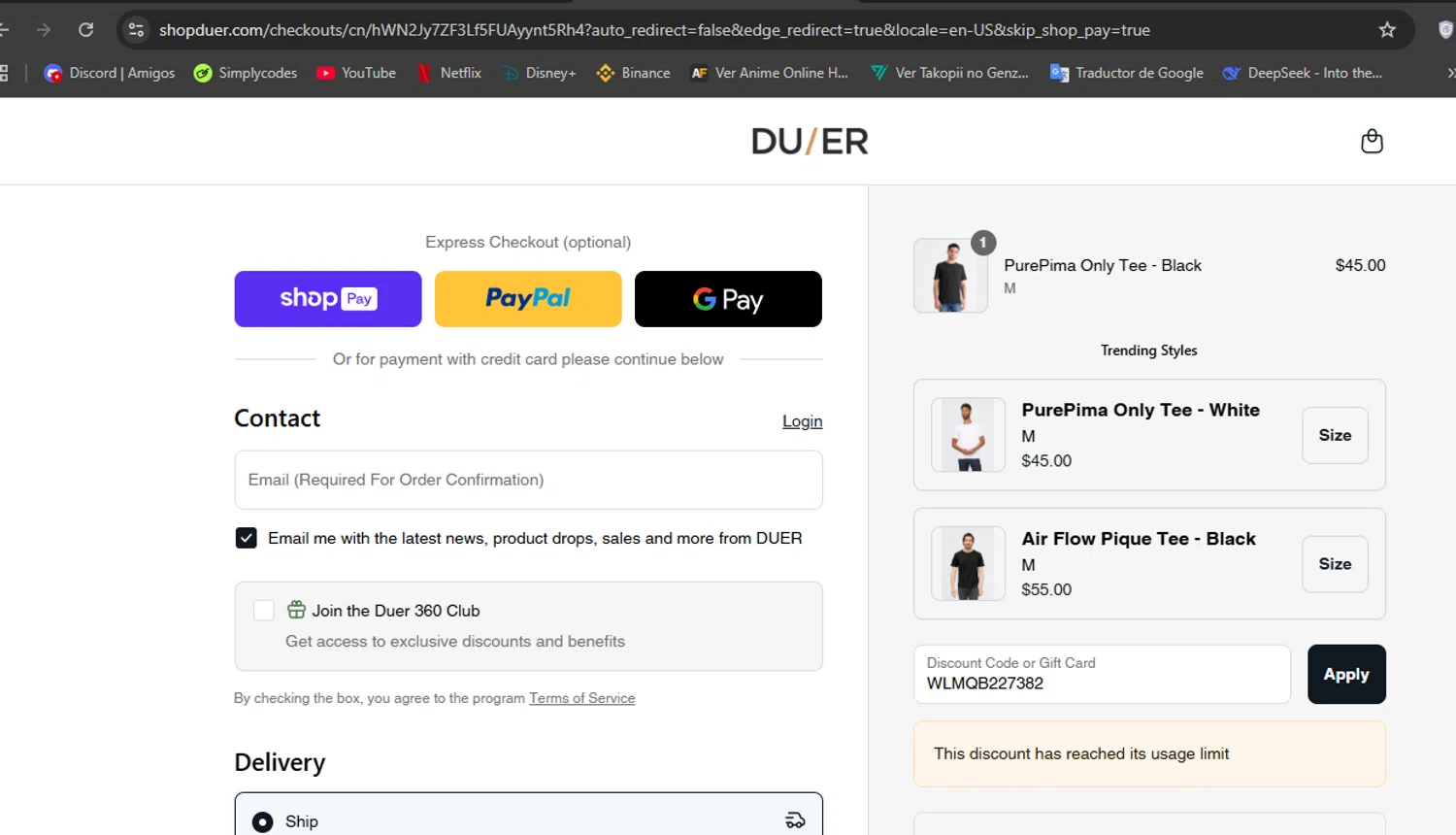 DUER discount code screenshot showing code WLMQB227382 applied at DUER checkout page. Uploaded by SimplyCodes community member Hisoka on Aug 28, 2025