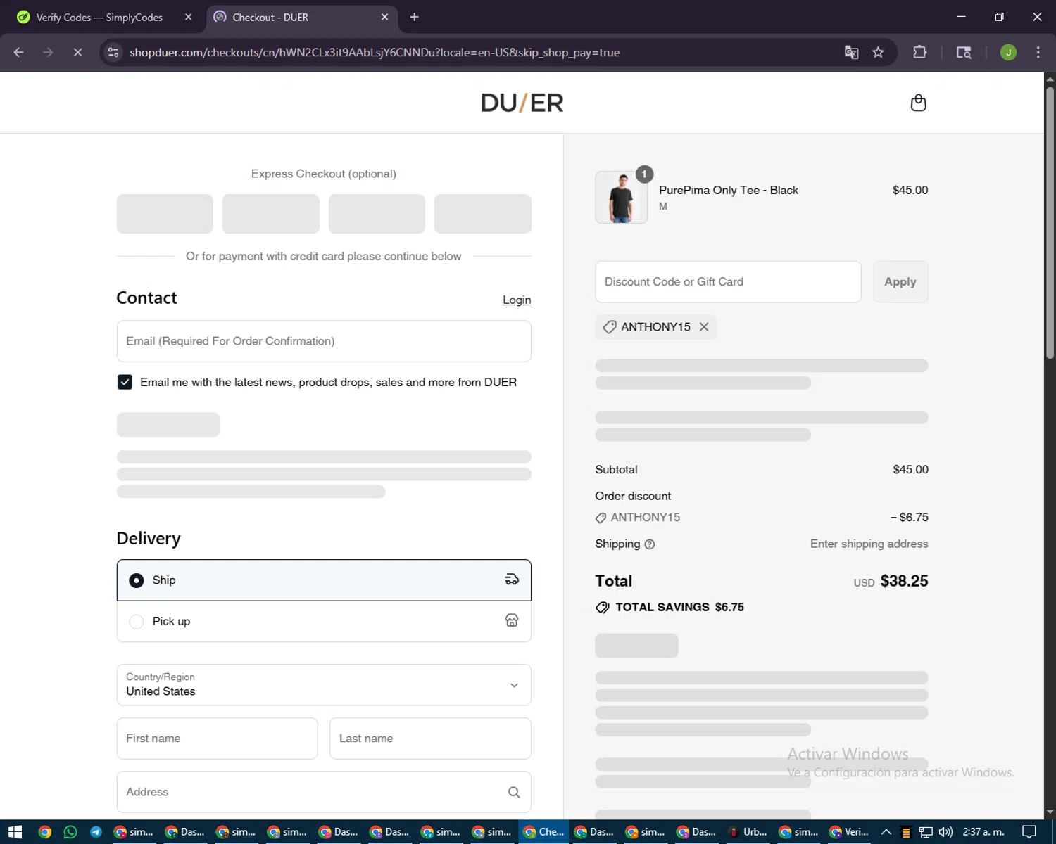 DUER discount code screenshot showing code ANTHONY15 applied at DUER checkout page. Uploaded by SimplyCodes community member LilBaby on Aug 25, 2025