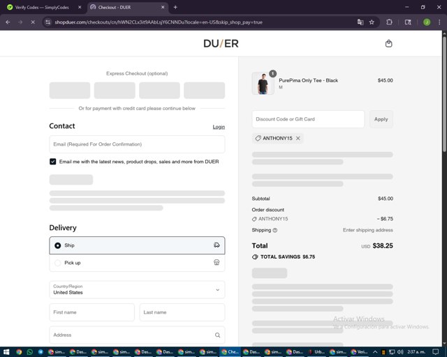 DUER checkout page showing DUER discount code box | Screenshot taken by SimplyCodes community member on Aug 25, 2025