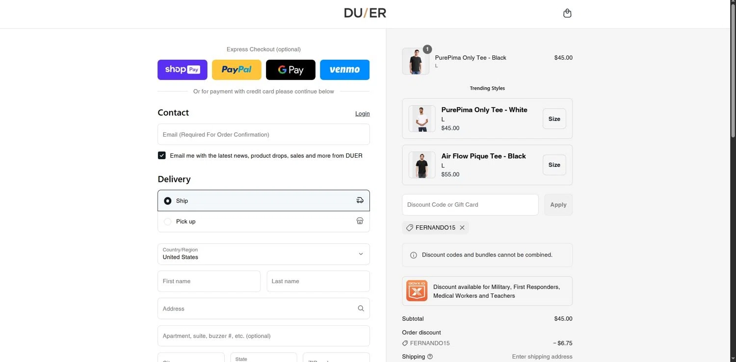 DUER discount code screenshot showing code FERNANDO15 applied at DUER checkout page. Uploaded by SimplyCodes community member Depressive on Jul 23, 2025