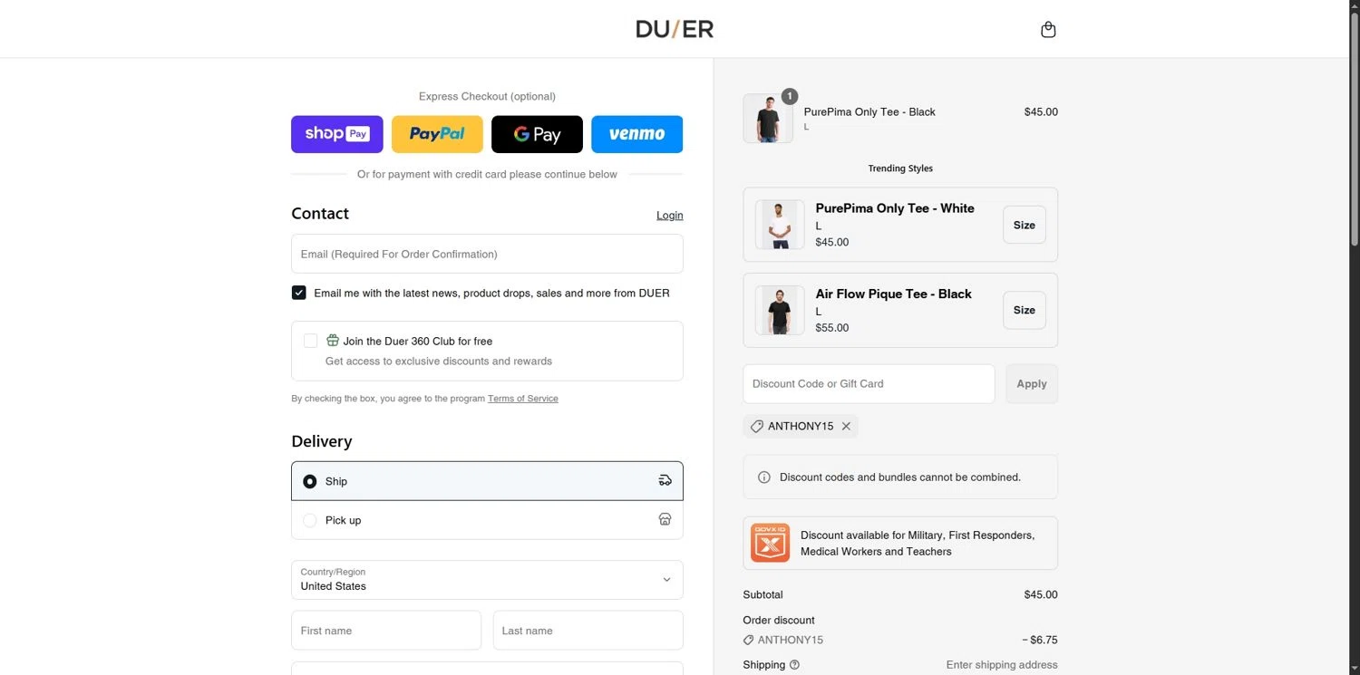 DUER discount code screenshot showing code ANTHONY15 applied at DUER checkout page. Uploaded by SimplyCodes community member Depressive on Aug 25, 2025
