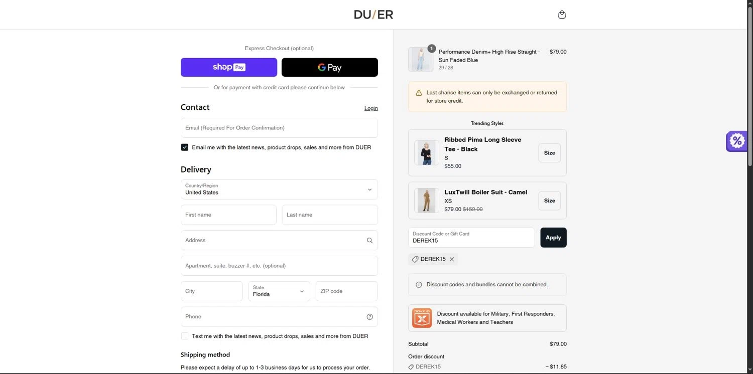 DUER discount code screenshot showing code DEREK15 applied at DUER checkout page. Uploaded by SimplyCodes community member Depressive on Jun 28, 2025